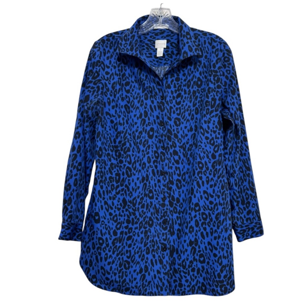 Chico's Women’s No Iron Blue Leopard Print Long Sleeve Button Up Blouse 1= M 8